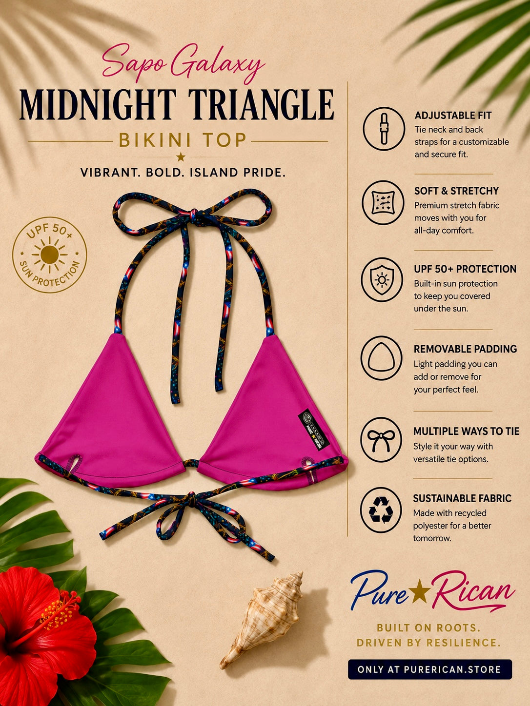 Back view of the Pure⭐️Rican Sapo Galaxy Midnight Triangle Bikini Top featuring hot pink inner lining, adjustable tie straps, Pure⭐️Rican branding tag, and premium swimwear construction.