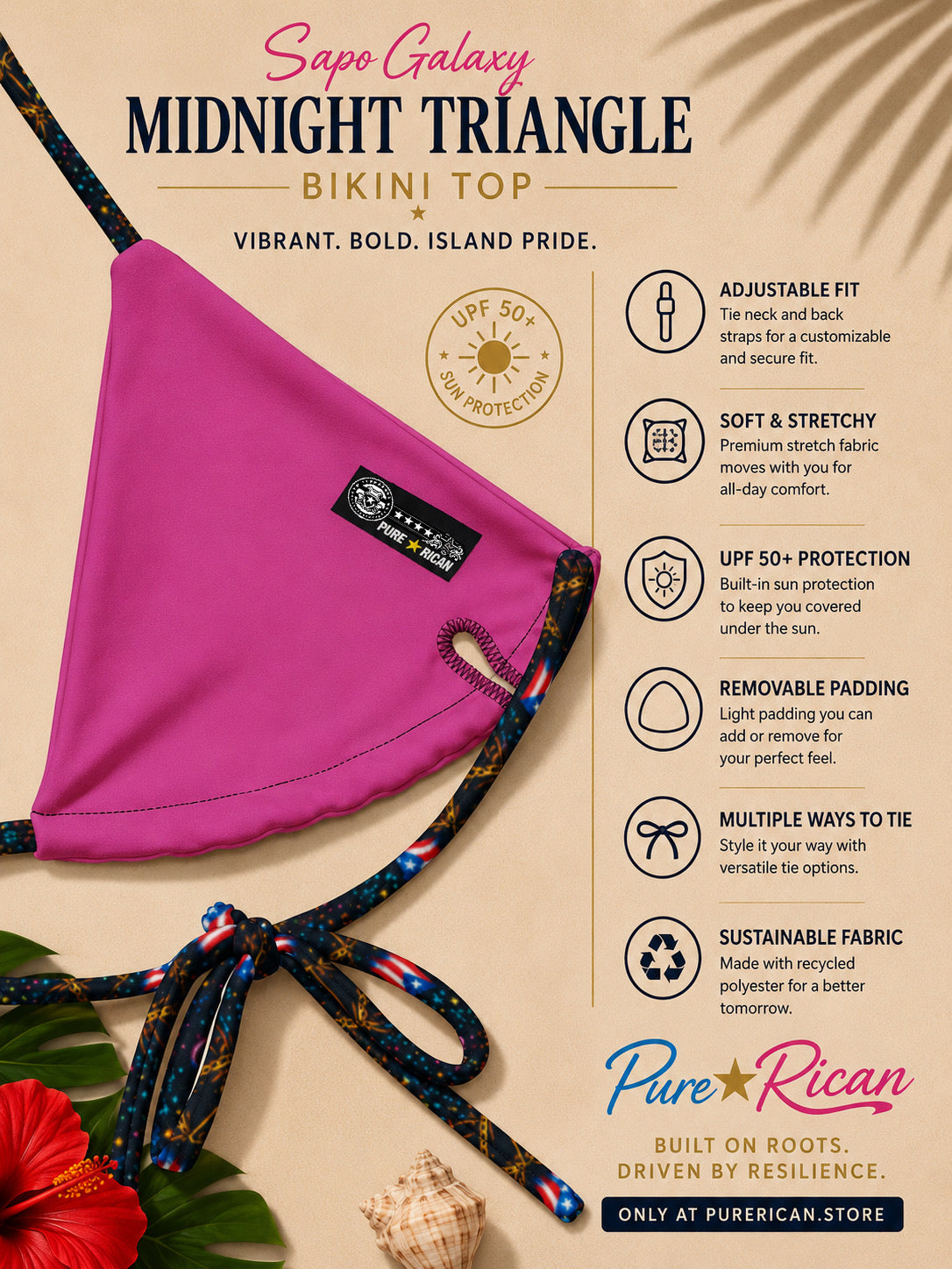 Close-up back detail of the Pure⭐️Rican Sapo Galaxy Midnight Triangle Bikini Top showing pink lining, tie strap design, stitching detail, and branded Pure⭐️Rican label.