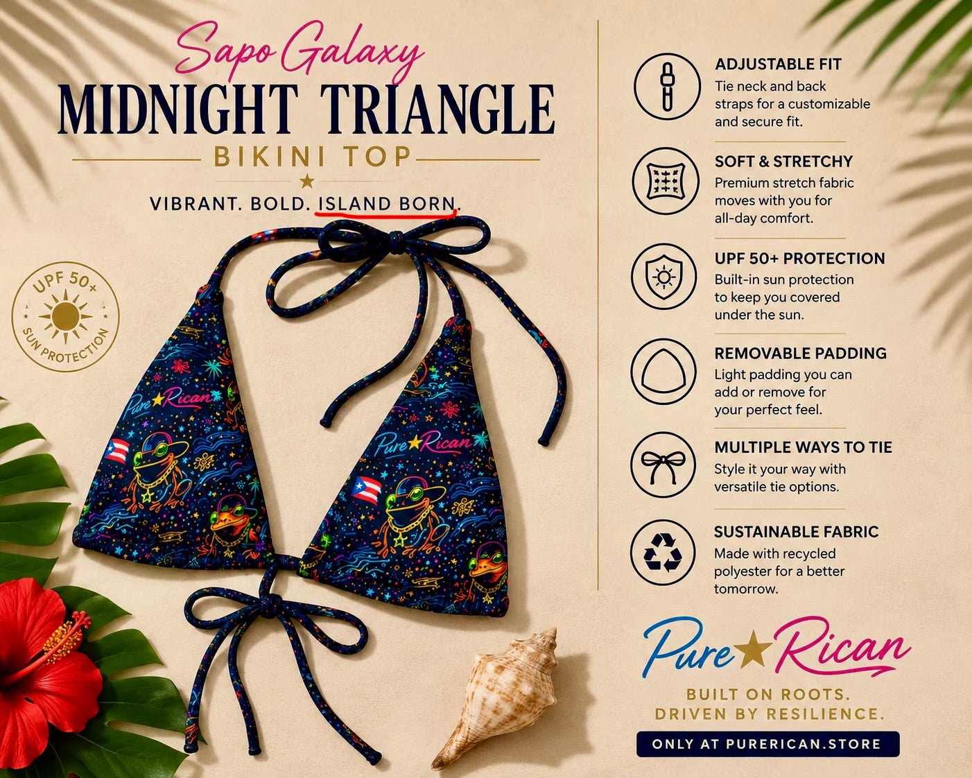 Front flat lay view of the Pure⭐️Rican Sapo Galaxy Midnight Triangle Bikini Top featuring neon tropical artwork, adjustable triangle fit, midnight galaxy tones, and Puerto Rican-inspired beachwear design.