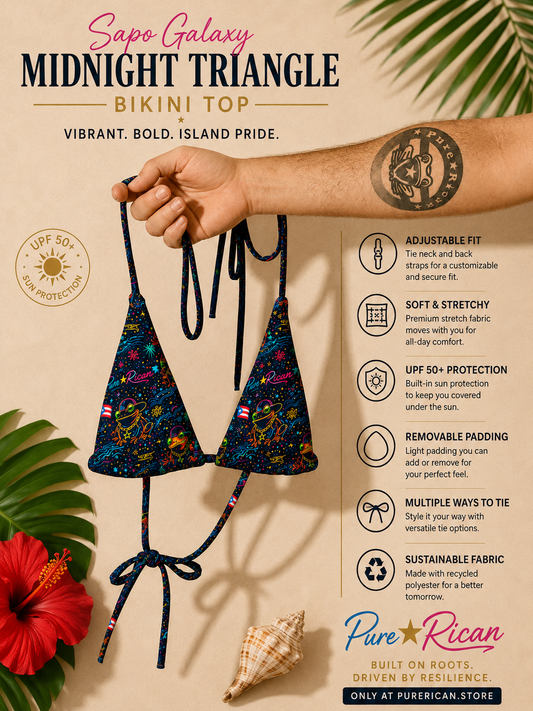 Pure⭐️Rican Sapo Galaxy Midnight Triangle Bikini Top hanging front view with neon tropical coquí-inspired artwork, adjustable tie straps, Puerto Rican-inspired swimwear, beach and resort bikini style.