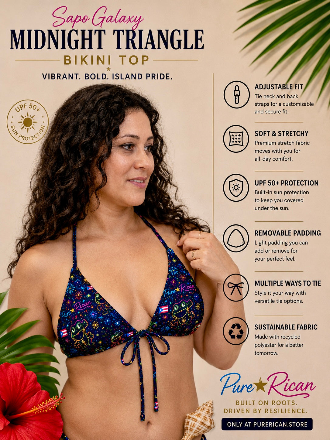 Model wearing the Pure⭐️Rican Sapo Galaxy Midnight Triangle Bikini Top featuring neon tropical coquí-inspired artwork, adjustable triangle fit, island-inspired beachwear, and Puerto Rican style.