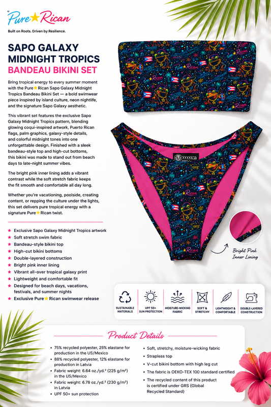 Front view of the Pure⭐️Rican Sapo Galaxy Midnight Tropics Bandeau Bikini Set featuring neon tropical Sapo Concho artwork, Puerto Rican flag details, bandeau top, high-cut bikini bottoms, and bright pink inner lining.