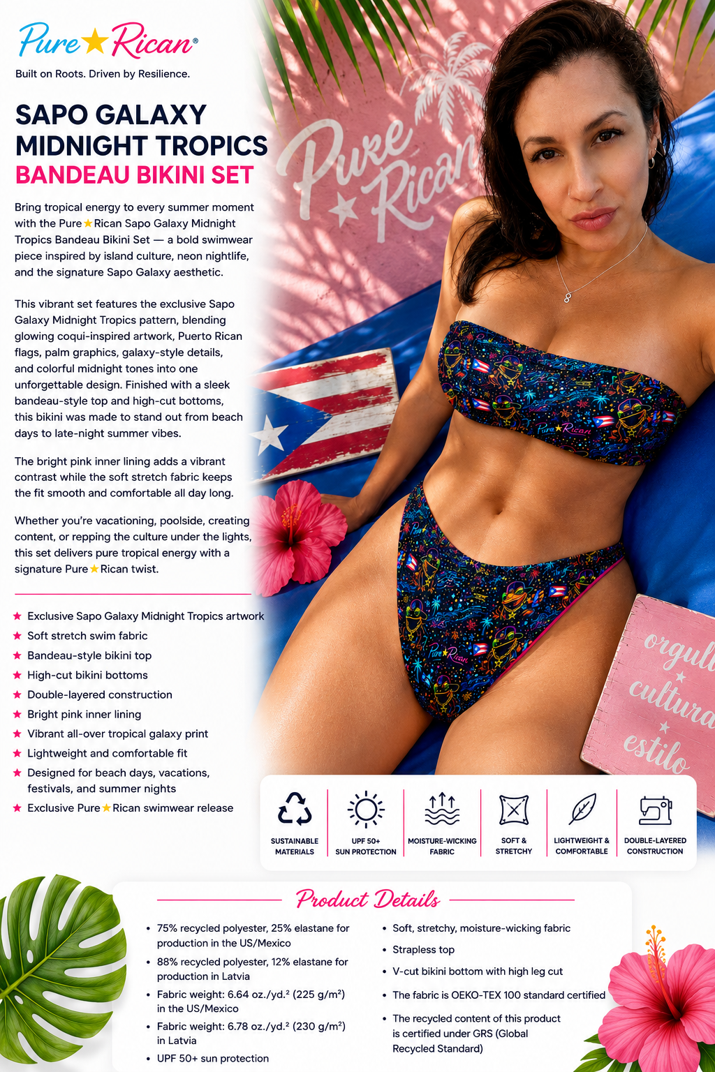 Lifestyle product detail image of a model wearing the Pure⭐️Rican Sapo Galaxy Midnight Tropics Bandeau Bikini Set featuring neon tropical Sapo Concho artwork, Puerto Rican-inspired graphics, bright pink accents, and premium summer swimwear styling with tropical beach vibes.