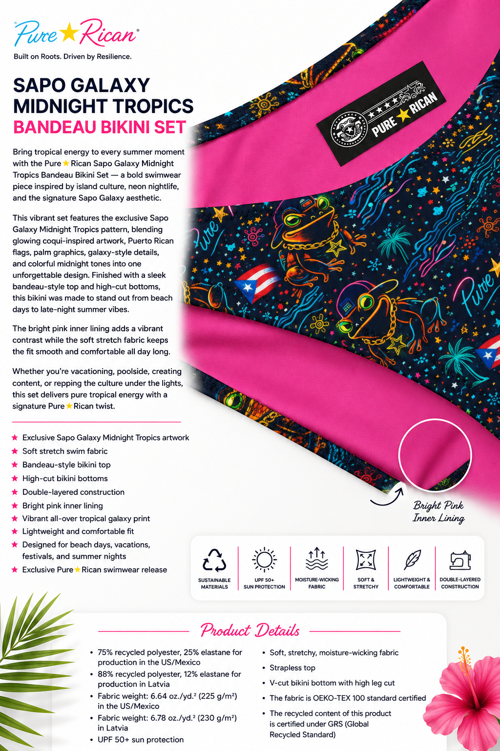 Close-up detail of the Pure⭐️Rican Sapo Galaxy Midnight Tropics bandeau bikini top showing the bright pink inner lining, premium inner branding label, and vibrant tropical Sapo Galaxy artwork.