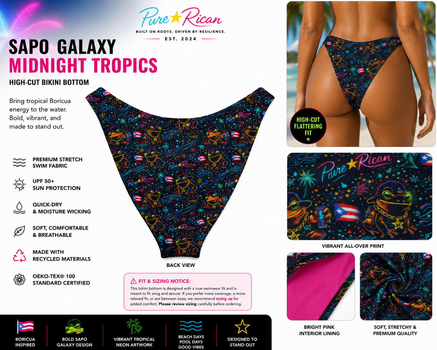 Back view of the Pure⭐️Rican Sapo Galaxy Midnight Tropics high-cut bikini bottom featuring vibrant neon tropical artwork, Sapo Concho frogs, Puerto Rican flag accents, and all-over galaxy-inspired print.