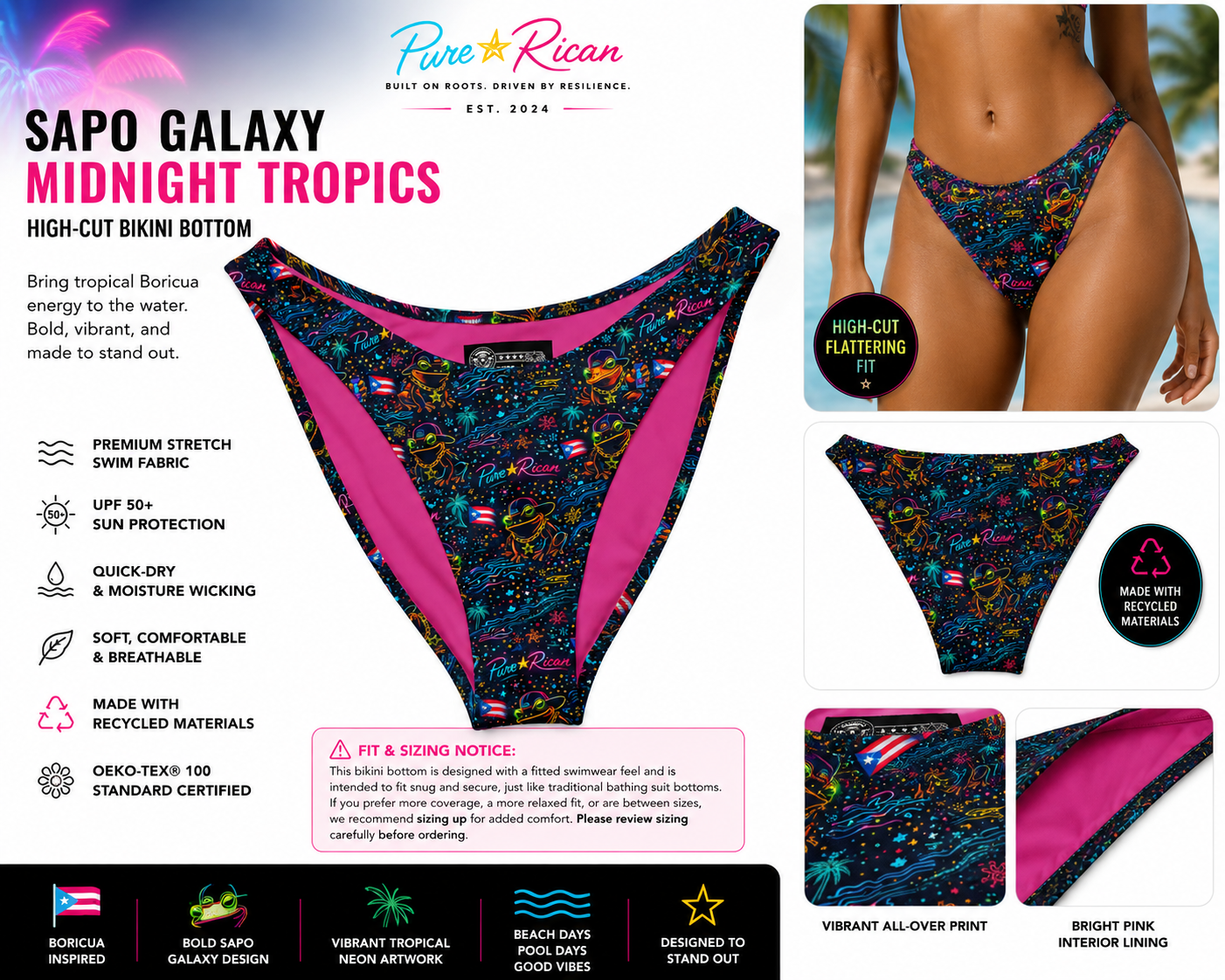 Pure⭐️Rican Sapo Galaxy Midnight Tropics high-cut bikini bottom front view featuring neon Sapo Concho frog artwork, Puerto Rican flag details, tropical stars, palms, and bright pink interior lining.