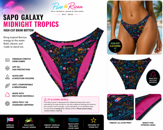 Pure⭐️Rican Sapo Galaxy Midnight Tropics high-cut bikini bottom front view featuring neon Sapo Concho frog artwork, Puerto Rican flag details, tropical stars, palms, and bright pink interior lining.