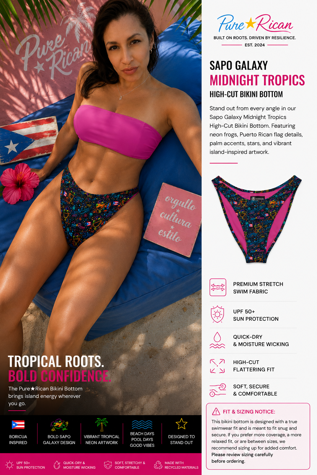 Lifestyle image of model wearing the Pure⭐️Rican Sapo Galaxy Midnight Tropics high-cut bikini bottom paired with a hot pink bandeau bikini top, featuring tropical Puerto Rican-inspired neon artwork and beachside styling.