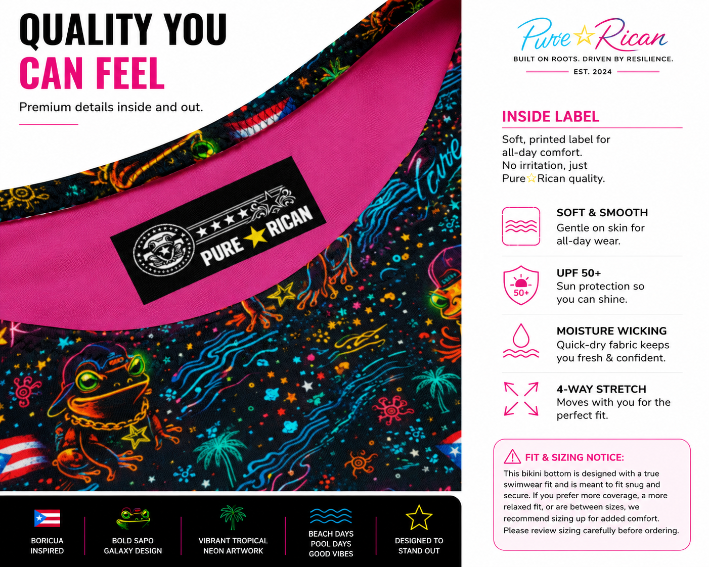 Close-up detail image of the Pure⭐️Rican Sapo Galaxy Midnight Tropics bikini bottom showing inside branded label, bright pink lining, premium stretch swim fabric, and neon tropical Sapo artwork.