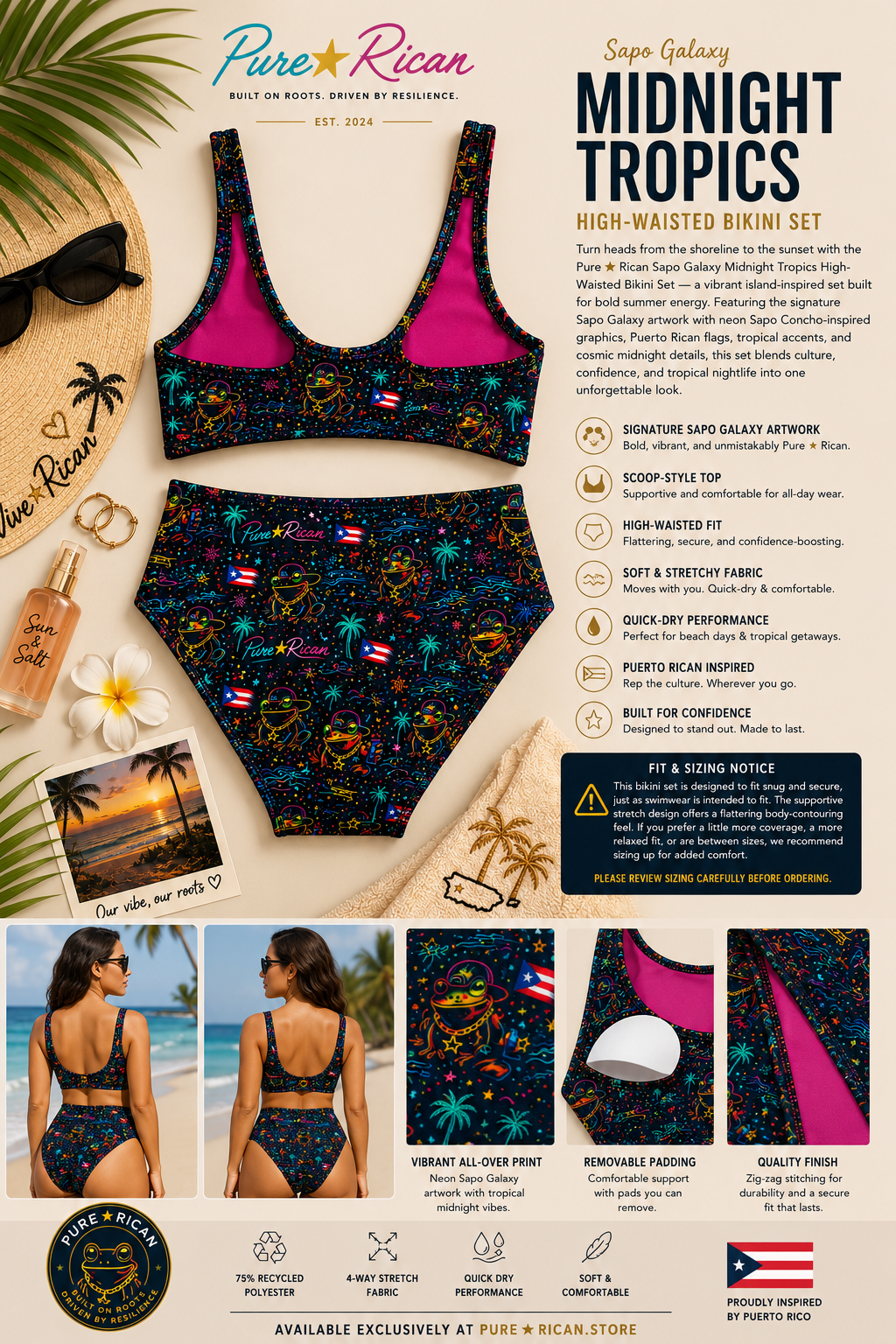 Back view of a model wearing the Pure⭐️Rican Sapo Galaxy Midnight Tropics High-Waisted Bikini Set featuring scoop-back top design, high-waisted bikini bottoms, tropical midnight artwork, and Puerto Rican-inspired details.