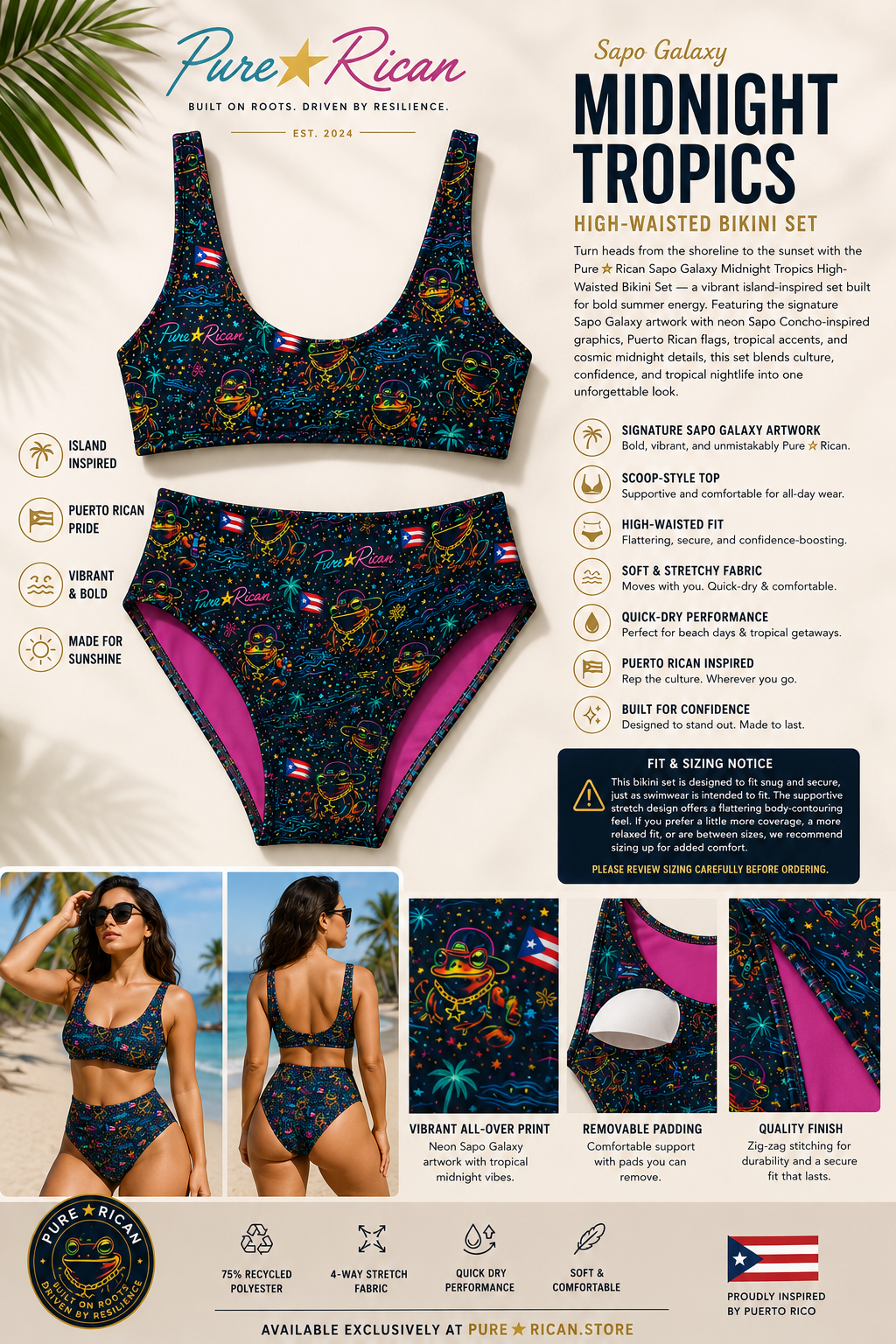 Front product display of the Pure⭐️Rican Sapo Galaxy Midnight Tropics High-Waisted Bikini Set featuring neon Sapo Concho artwork, Puerto Rican flags, tropical midnight graphics, scoop bikini top, high-waisted bottoms, and hot pink lining details.