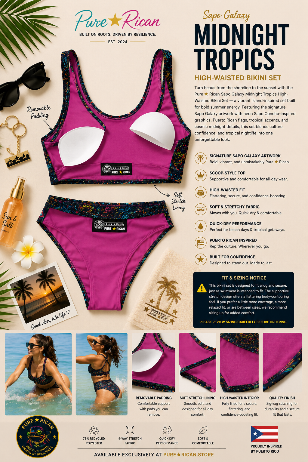 Inside detail view of the Pure⭐️Rican Sapo Galaxy Midnight Tropics High-Waisted Bikini Set showing soft pink inner lining, removable padding, supportive scoop-style top interior, and high-waisted bikini construction details.