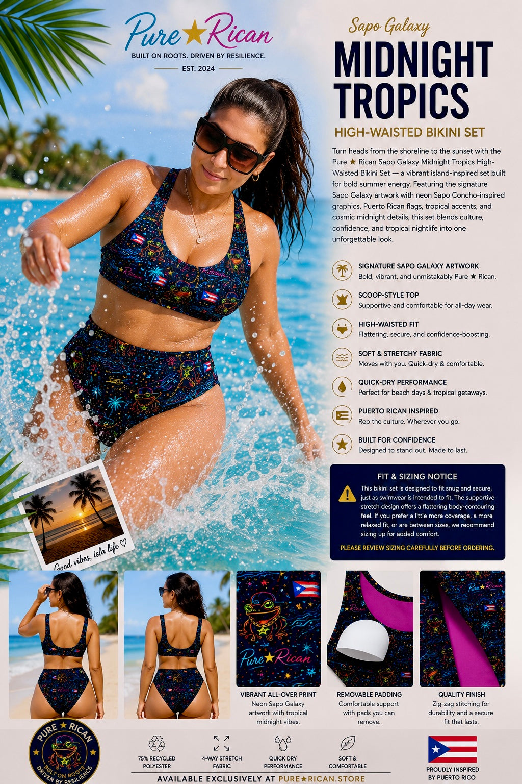 Action lifestyle image of a model wearing the Pure⭐️Rican Sapo Galaxy Midnight Tropics High-Waisted Bikini Set while moving through tropical water, showcasing vibrant Sapo Concho graphics, Puerto Rican-inspired artwork, and active swimwear performance.
