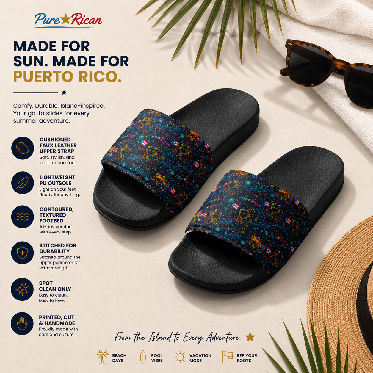 Pure⭐️Rican Sapo Galaxy Midnight black unisex slides angled product lifestyle image with Puerto Rican coquí galaxy-inspired artwork.