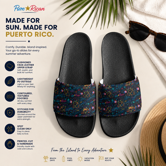 Pure⭐️Rican Sapo Galaxy Midnight unisex black slides with Puerto Rican coquí galaxy pattern in tropical summer lifestyle product image.