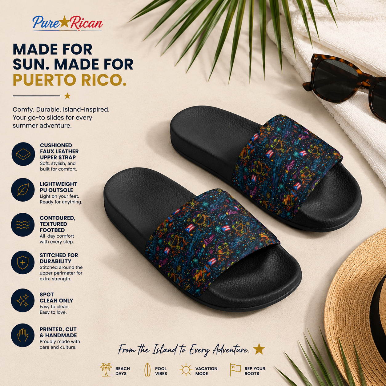 Pure⭐️Rican Sapo Galaxy Midnight black unisex slides premium tropical lifestyle image with vibrant Puerto Rican coquí galaxy pattern.