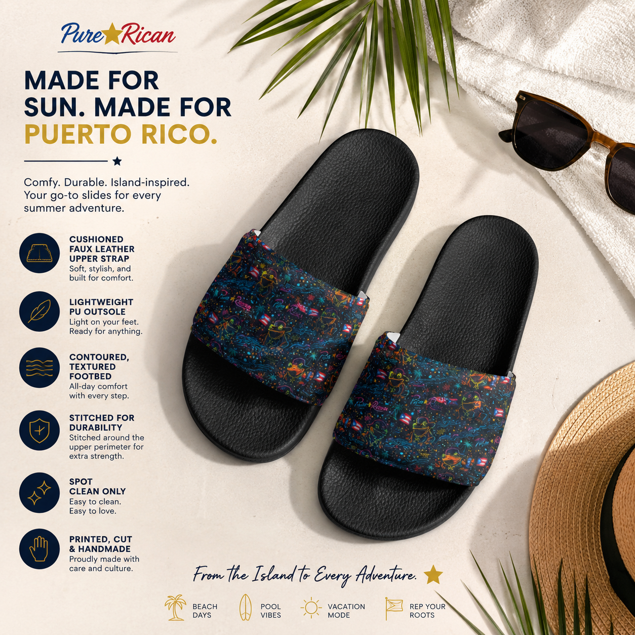Pure⭐️Rican Sapo Galaxy Midnight black unisex slides top-down lifestyle image featuring Puerto Rican coquí cosmic pattern.