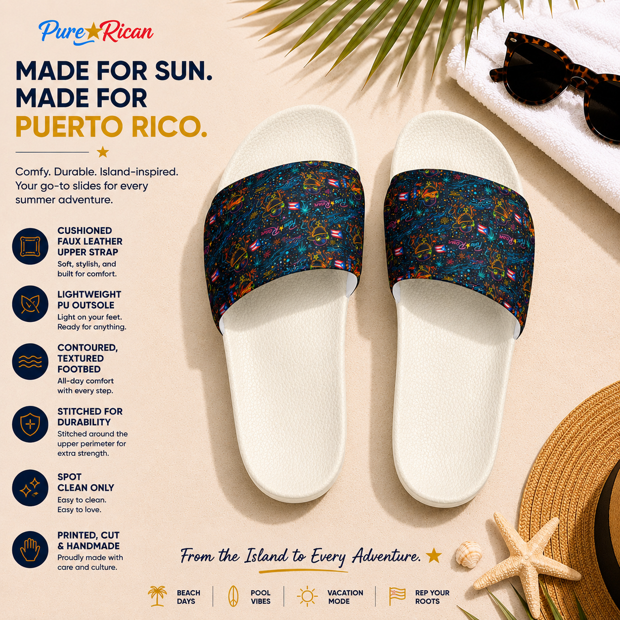 Pure⭐️Rican Sapo Galaxy Midnight white unisex slides angled lifestyle product image with Puerto Rican coquí midnight galaxy design.