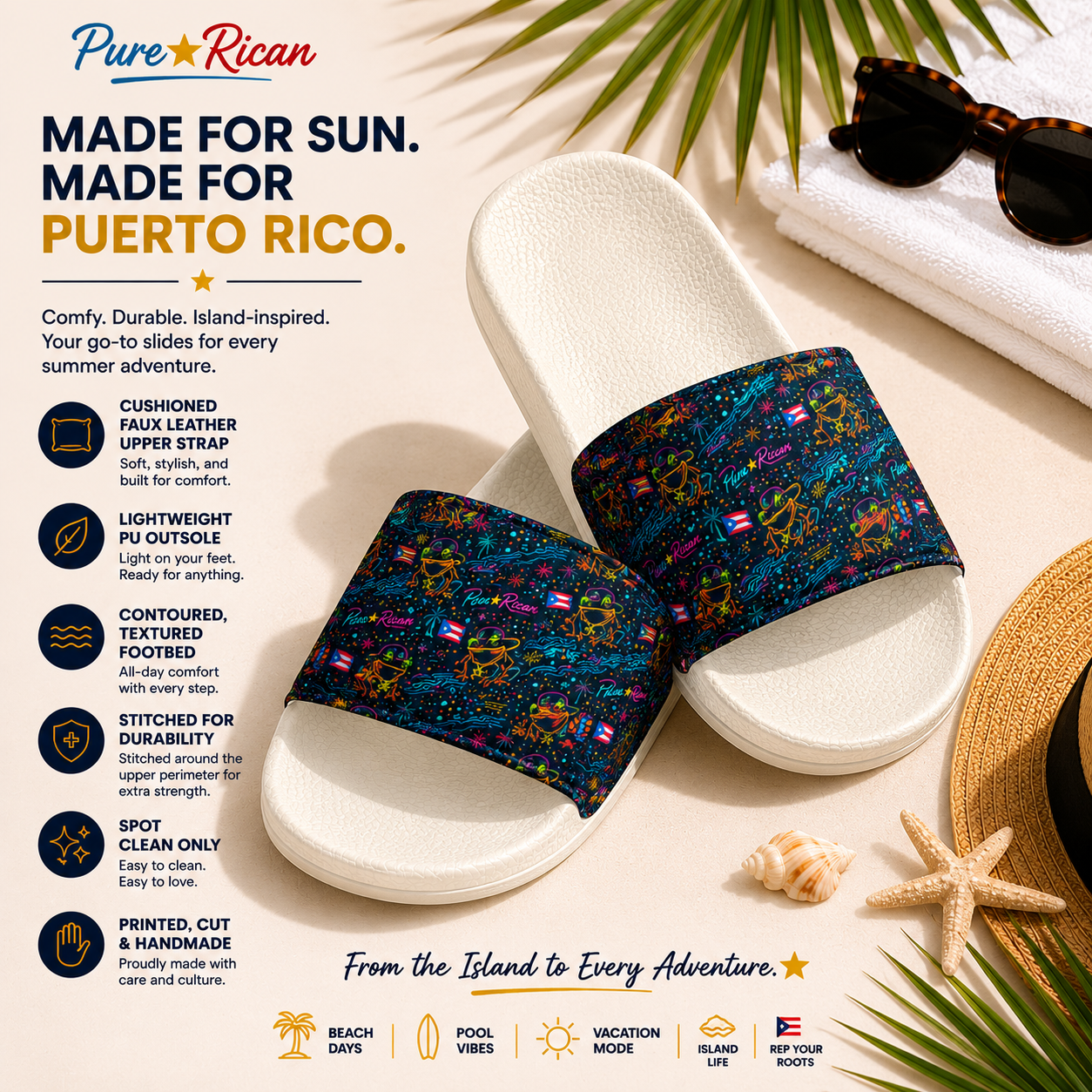 Pure⭐️Rican Sapo Galaxy Midnight white unisex slides front-facing tropical product image with Puerto Rican coquí cosmic artwork.