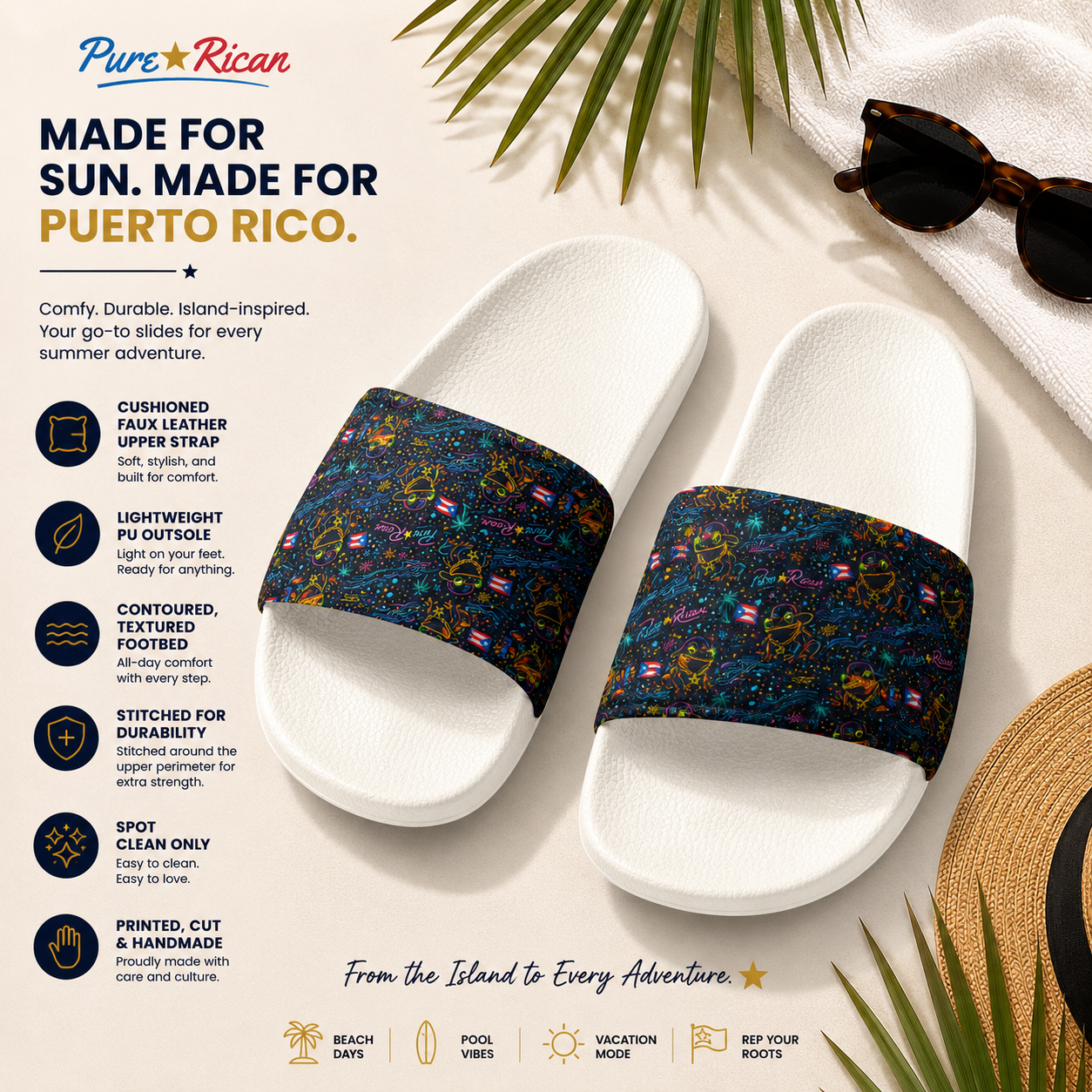 Pure⭐️Rican Sapo Galaxy Midnight white unisex slides angled tropical lifestyle image featuring Puerto Rican coquí galaxy-inspired artwork with summer beach aesthetic.
