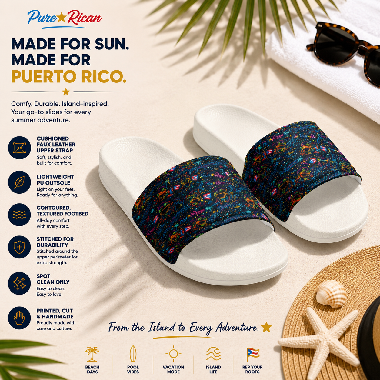 Pure⭐️Rican Sapo Galaxy Midnight white unisex slides premium tropical lifestyle image featuring Puerto Rican coquí galaxy pattern.