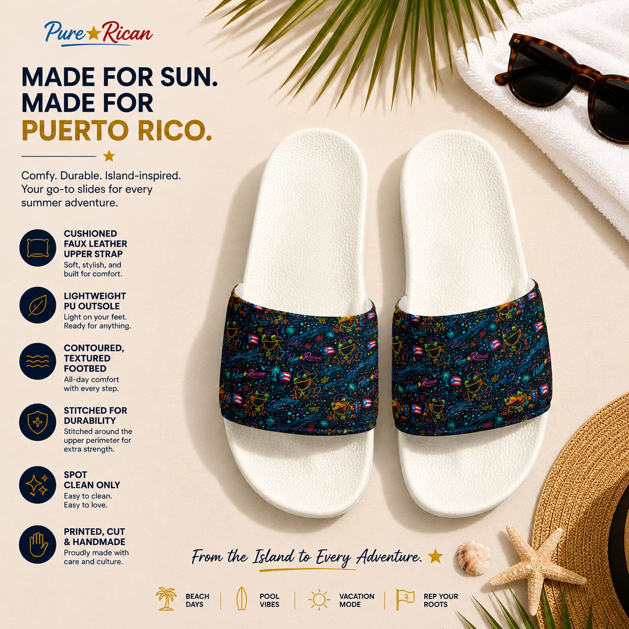 Pure⭐️Rican Sapo Galaxy Midnight white unisex slides stacked tropical lifestyle image featuring Puerto Rican coquí galaxy pattern.