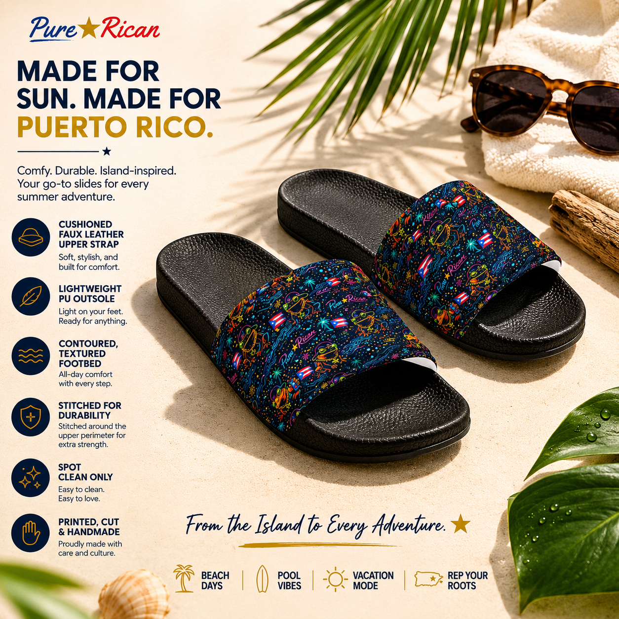 Pure⭐️Rican Sapo Galaxy Midnight white unisex slides top-down lifestyle image with Puerto Rican coquí midnight galaxy artwork.