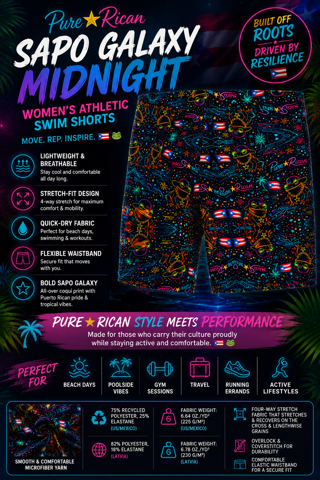 Front view of Pure⭐️Rican Sapo Galaxy Midnight women’s athletic swim shorts featuring neon Puerto Rican inspired Sapo Concho pattern, stretch-fit athletic design, quick-dry swim material, and breathable performance fabric.