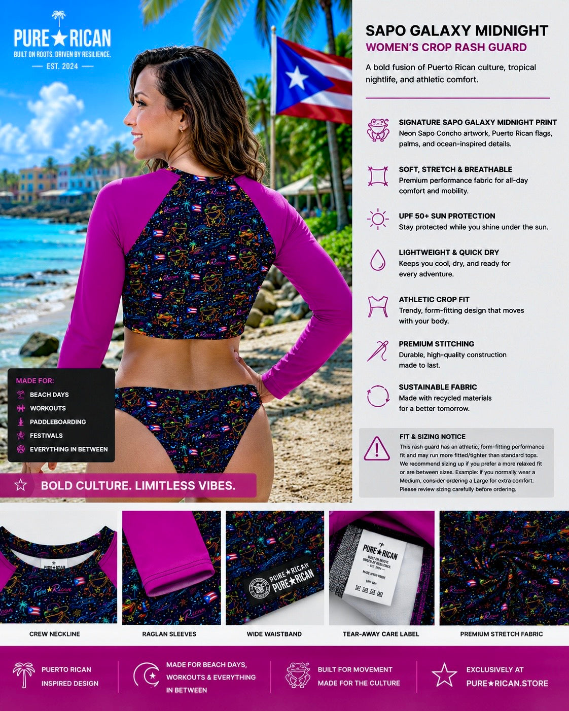 Back view of woman wearing the Pure⭐️Rican Sapo Galaxy Midnight Women’s Crop Rash Guard on a tropical beach, showcasing the full neon Puerto Rican-inspired Sapo Galaxy Midnight back print and pink long sleeves.
