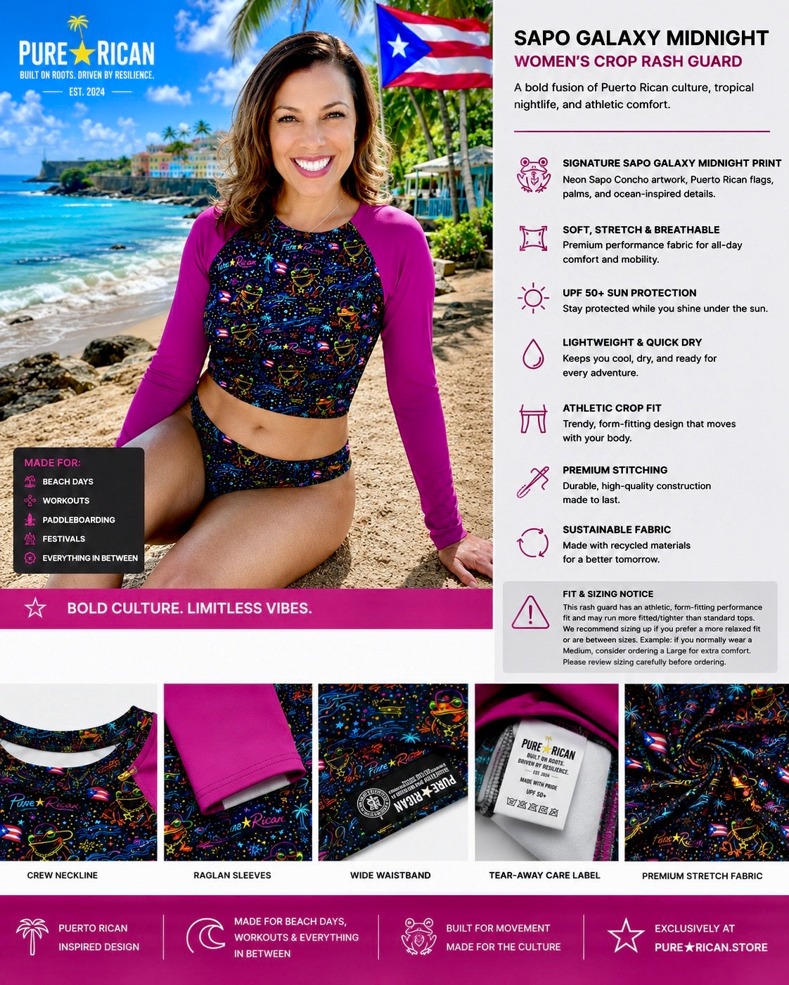Woman wearing the Pure⭐️Rican Sapo Galaxy Midnight Women’s Crop Rash Guard in a tropical Puerto Rican beach setting, featuring neon Sapo Concho artwork, pink sleeves, and Puerto Rican-inspired swimwear style.