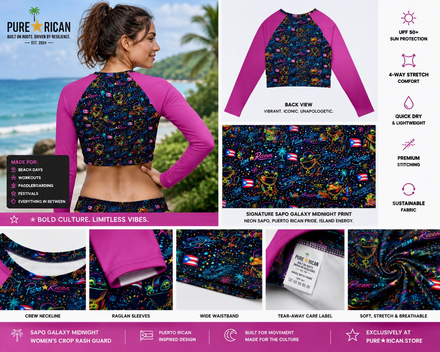 Close-up detail of the Pure⭐️Rican Sapo Galaxy Midnight Women’s Crop Rash Guard highlighting neon Sapo Concho artwork, Puerto Rican flags, tropical graphics, stretch fabric, and premium stitching.