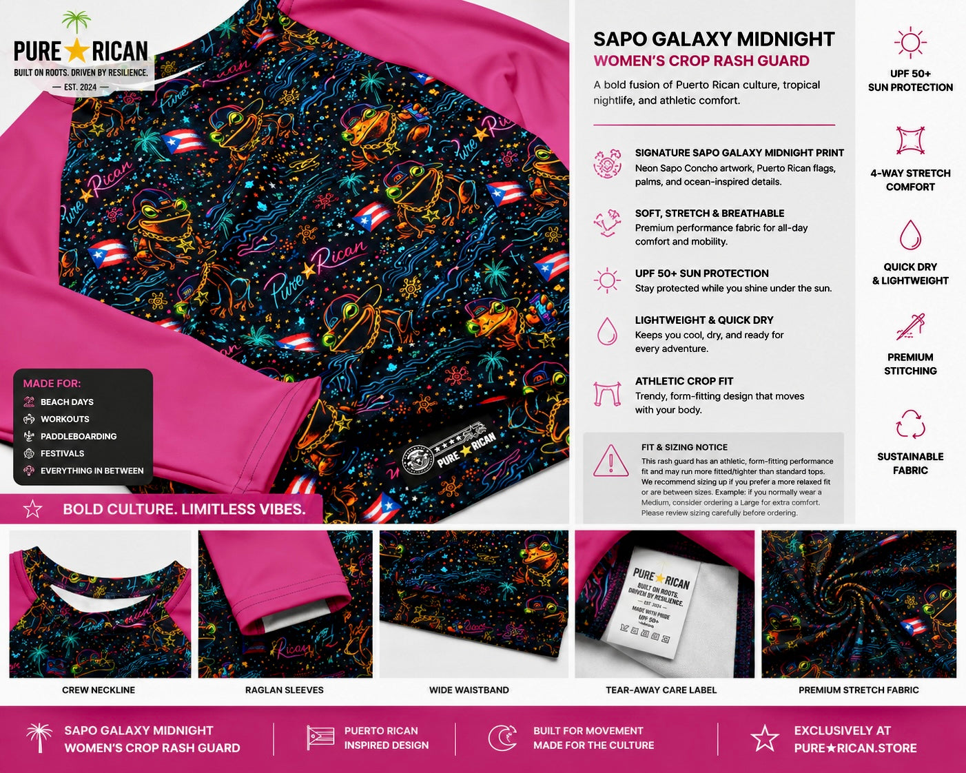 Premium Shopify-style product layout showcasing the back view of the Pure⭐️Rican Sapo Galaxy Midnight Women’s Crop Rash Guard with close-up fabric texture, sleeve detail, waistband, and lifestyle beach model.