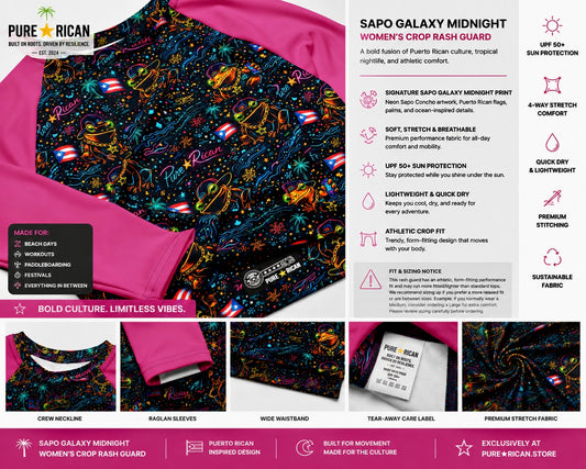 Premium Shopify-style product layout showcasing the back view of the Pure⭐️Rican Sapo Galaxy Midnight Women’s Crop Rash Guard with close-up fabric texture, sleeve detail, waistband, and lifestyle beach model.