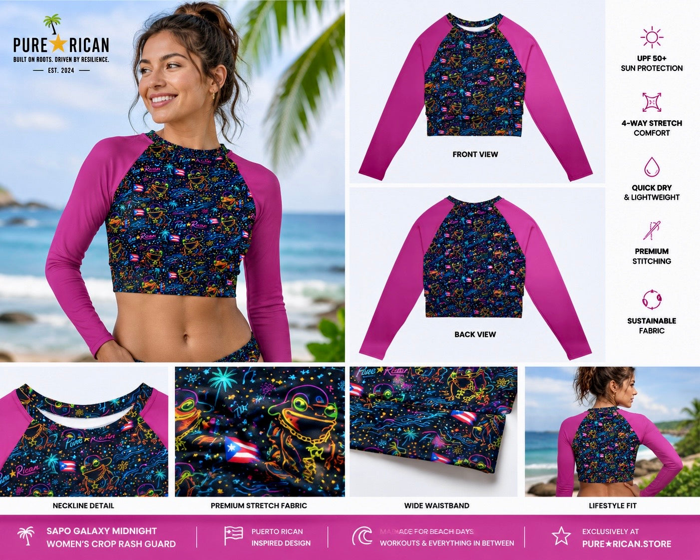 Premium Shopify-style product overview image of the Pure⭐️Rican Sapo Galaxy Midnight Women’s Crop Rash Guard featuring front and back views, fabric details, neckline close-up, waistband detail, and lifestyle fit imagery.