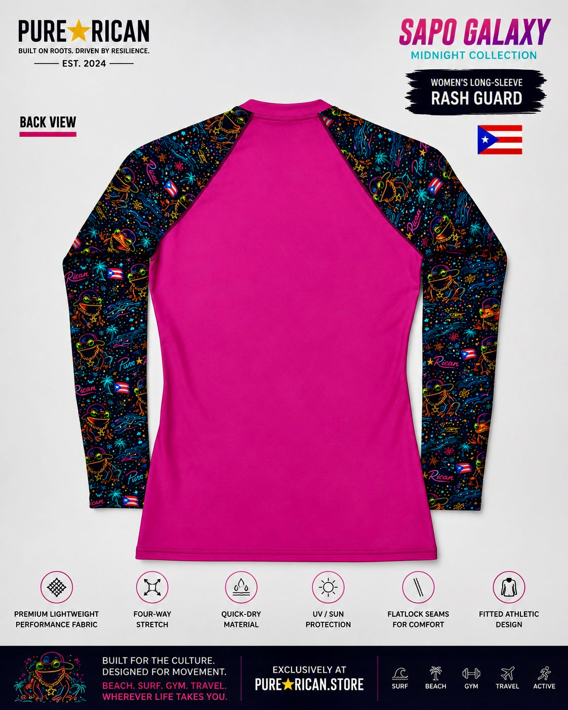 Back flat lay of the Pure⭐️Rican Sapo Galaxy Midnight women’s rash guard featuring a neon pink back panel with vibrant Sapo Galaxy Midnight sleeves and athletic surf-inspired fit.