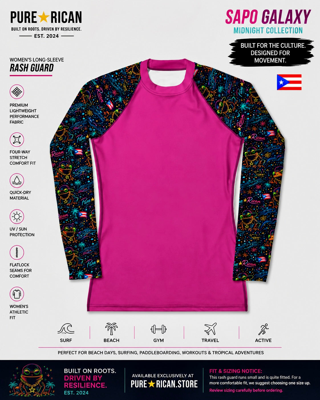 Front flat lay of the Pure⭐️Rican Sapo Galaxy Midnight women’s rash guard featuring a neon pink body with signature galaxy-inspired Puerto Rican artwork sleeves and athletic fit design.
