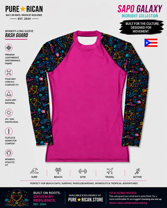Front flat lay of the Pure⭐️Rican Sapo Galaxy Midnight women’s rash guard featuring a neon pink body with signature galaxy-inspired Puerto Rican artwork sleeves and athletic fit design.