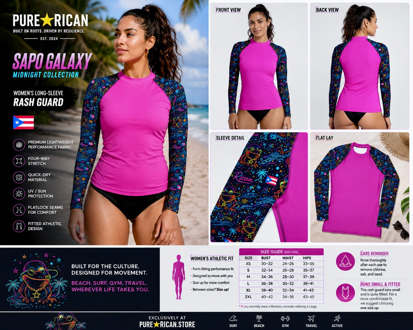 Woman wearing the Pure⭐️Rican Sapo Galaxy Midnight women’s long sleeve rash guard featuring neon pink body and galaxy-inspired Boricua sleeves on a tropical beach. Includes front and back views, sleeve detail, sizing, and product features.