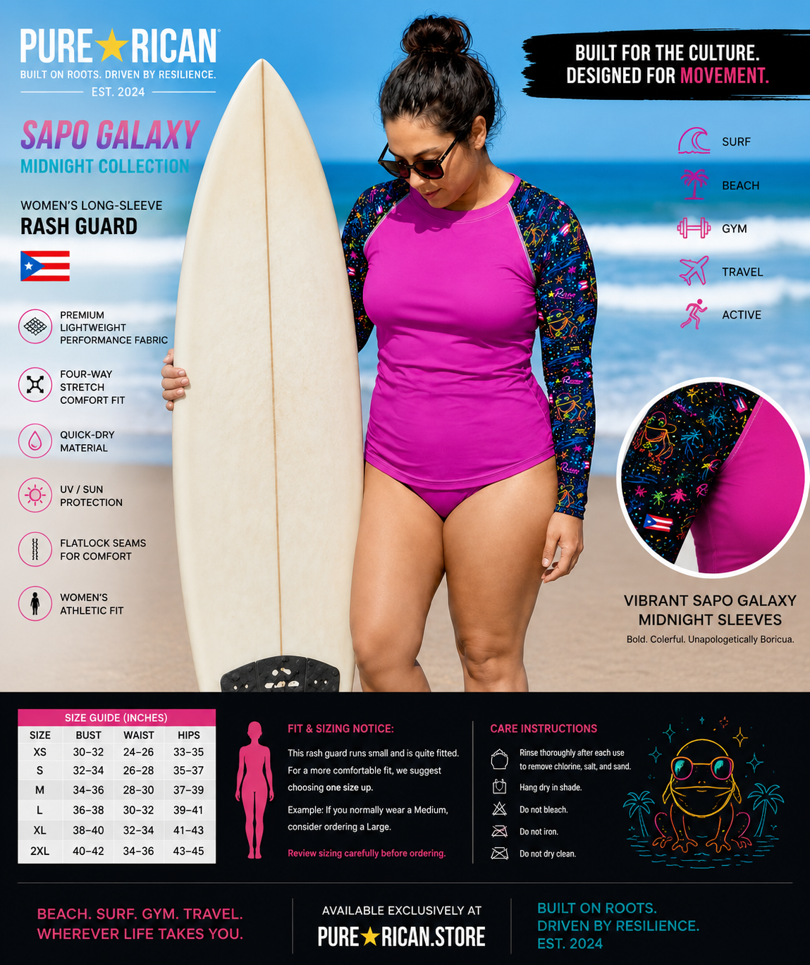 Woman holding a surfboard on the beach wearing the Pure⭐️Rican Sapo Galaxy Midnight women’s rash guard featuring vibrant neon pink body, Boricua galaxy sleeves, and athletic beachwear fit.