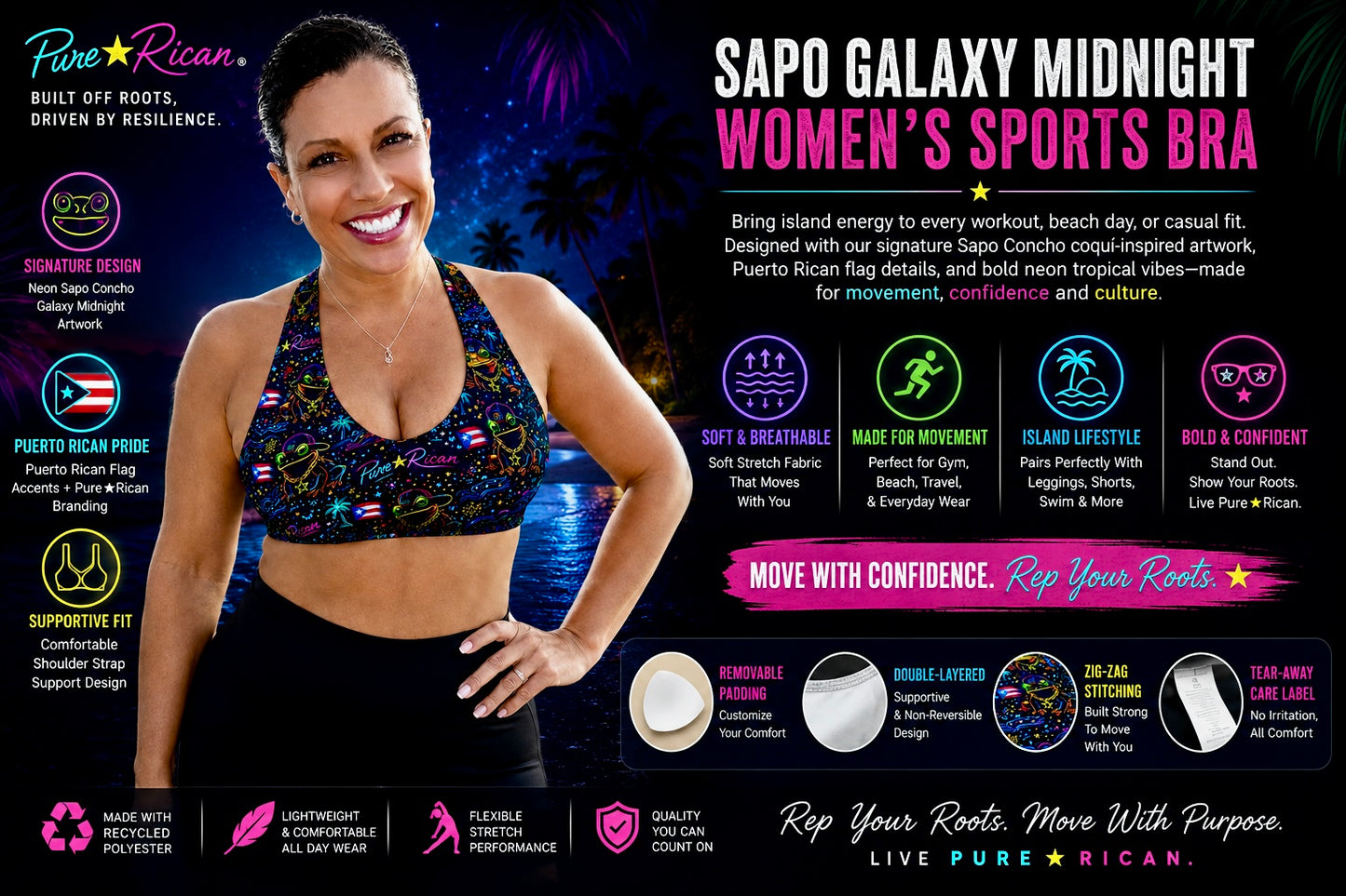 Female model wearing the Pure⭐️Rican Sapo Galaxy Midnight Women’s Sports Bra front view with neon Puerto Rican Sapo Concho artwork, athletic leggings, tropical night background, and premium Shopify promotional design highlighting comfort, movement, and confidence.