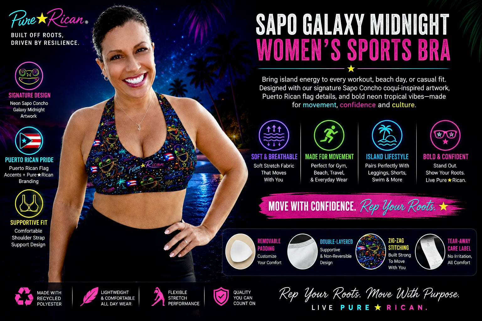Female model wearing the Pure⭐️Rican Sapo Galaxy Midnight Women’s Sports Bra front view with neon Puerto Rican Sapo Concho artwork, athletic leggings, tropical night background, and premium Shopify promotional design highlighting comfort, movement, and confidence.