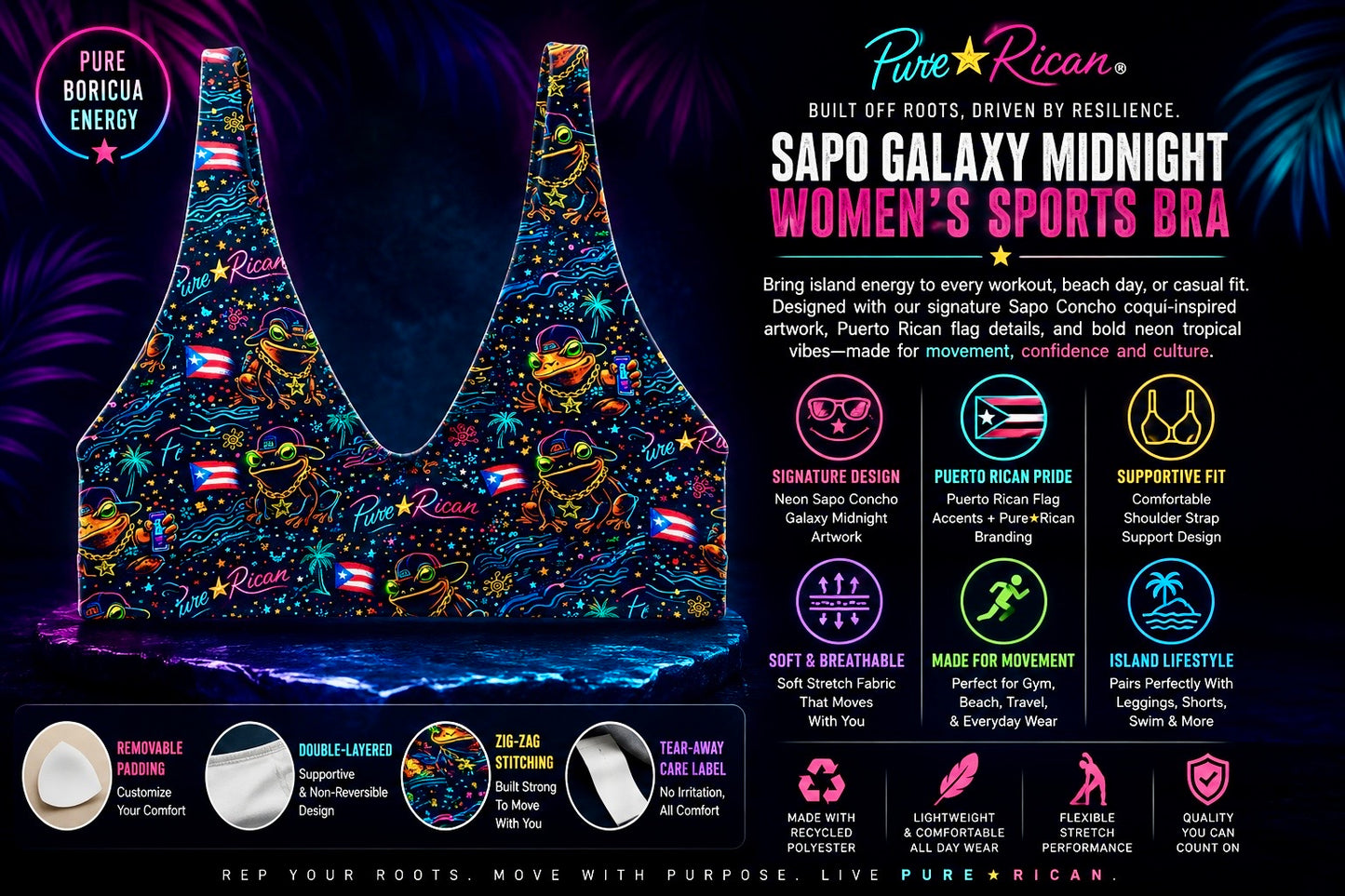 Front view of the Pure⭐️Rican Sapo Galaxy Midnight Women’s Sports Bra featuring neon Sapo Concho artwork, Puerto Rican flags, tropical galaxy details, removable padding, breathable stretch fabric, and athletic support features in a premium Shopify product graphic.