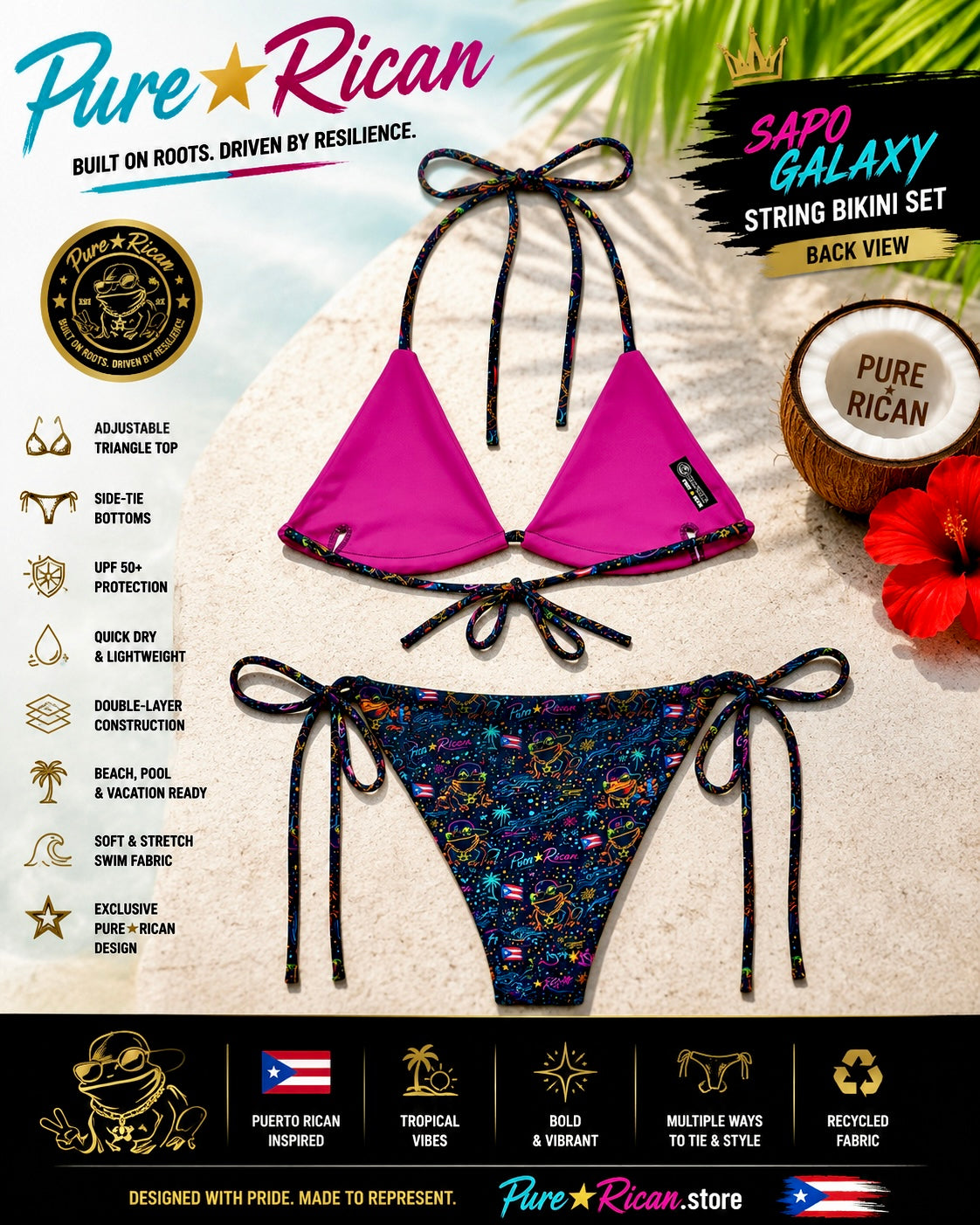 Back view of the Pure⭐️Rican Sapo Galaxy String Bikini Set showing vibrant pink bikini top backing, adjustable tie straps, side-tie bikini bottoms, tropical galaxy artwork, and premium Puerto Rican-inspired swimwear details.