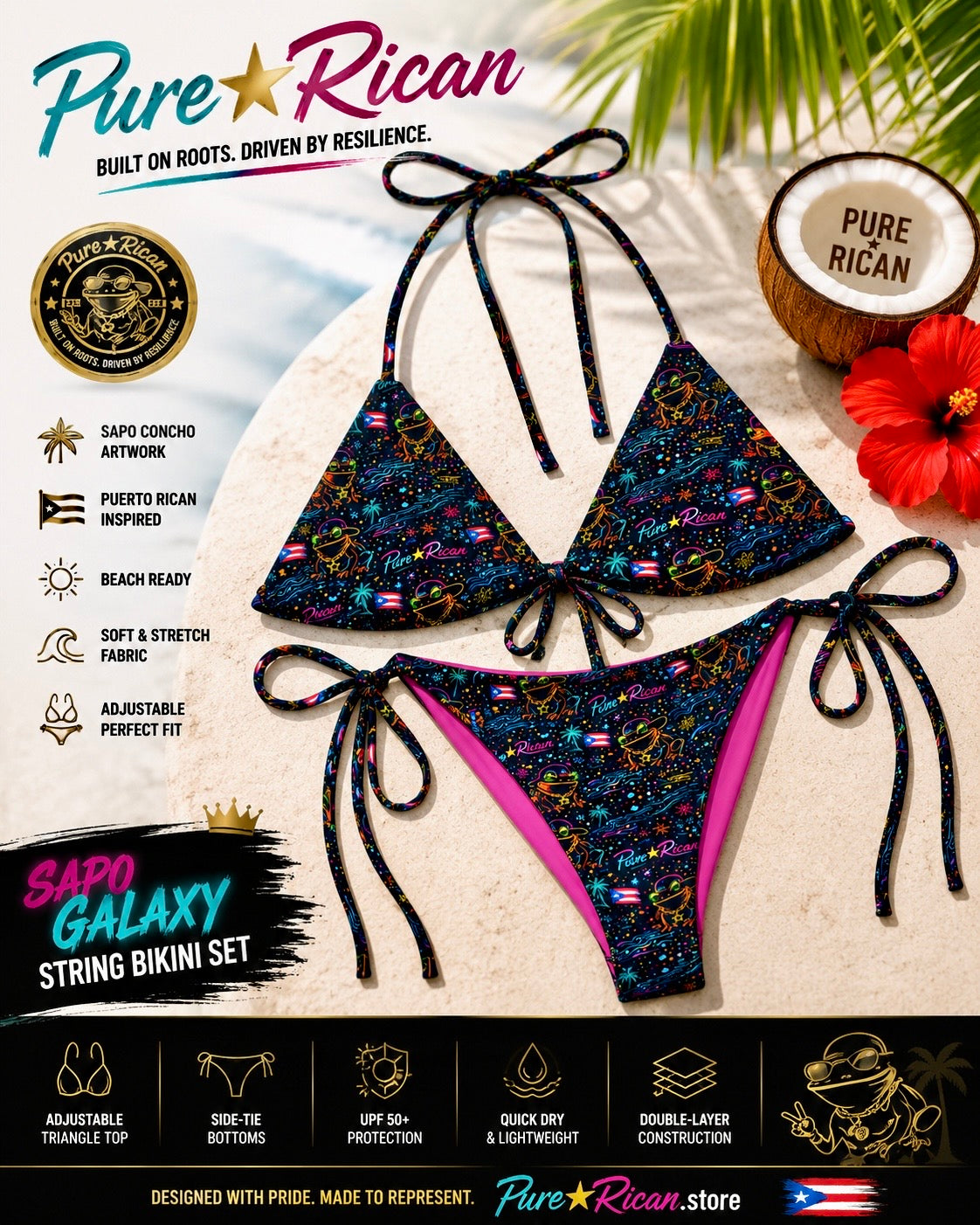 Front flat lay view of the Pure⭐️Rican Sapo Galaxy String Bikini Set featuring Sapo Concho-inspired neon galaxy artwork, Puerto Rican flag accents, adjustable triangle bikini top, and side-tie bottoms with pink lining.