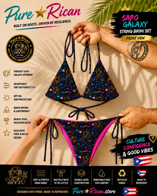 Pure⭐️Rican Sapo Galaxy String Bikini Set front view featuring vibrant neon tropical galaxy artwork, adjustable triangle bikini top, side-tie bottoms, Puerto Rican-inspired design, female hand detail, and tattoo arm holding bikini for premium product presentation.
