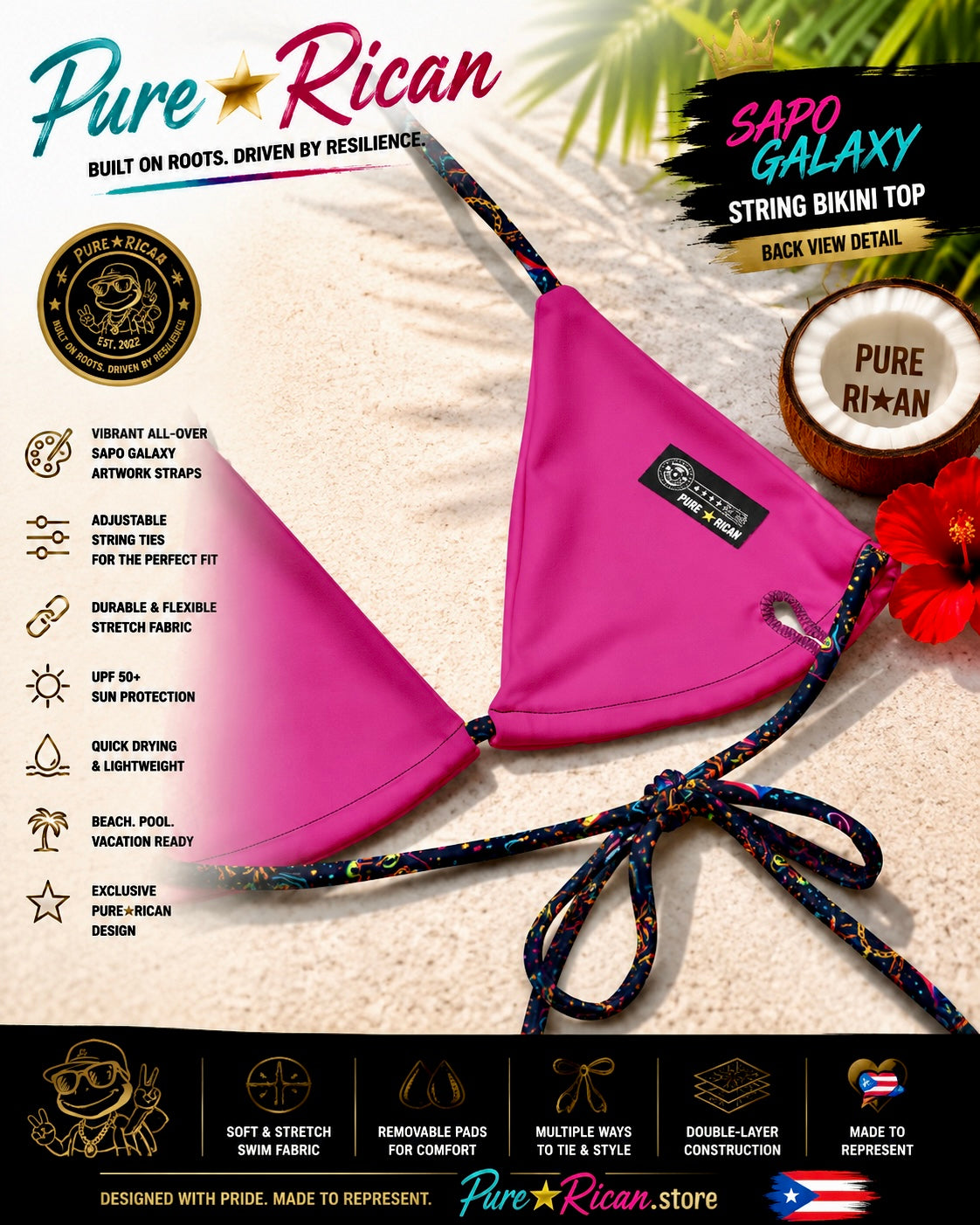 Close-up back detail of the Pure⭐️Rican Sapo Galaxy String Bikini Top featuring soft pink backing, adjustable string ties, Sapo Galaxy printed straps, removable padding construction, and premium swimwear detailing.