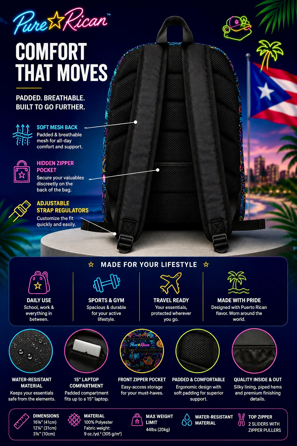 Black backpack with features and lifestyle uses displayed on a colorful background