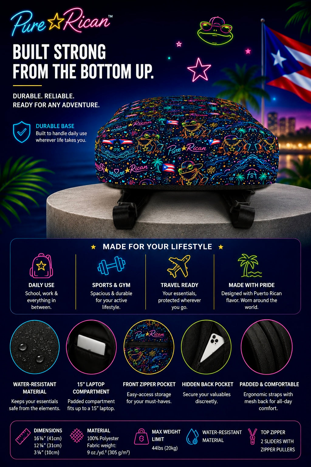 Promotional image of a colorful bag with 'Pure Rican' branding, featuring text and graphics about product features.