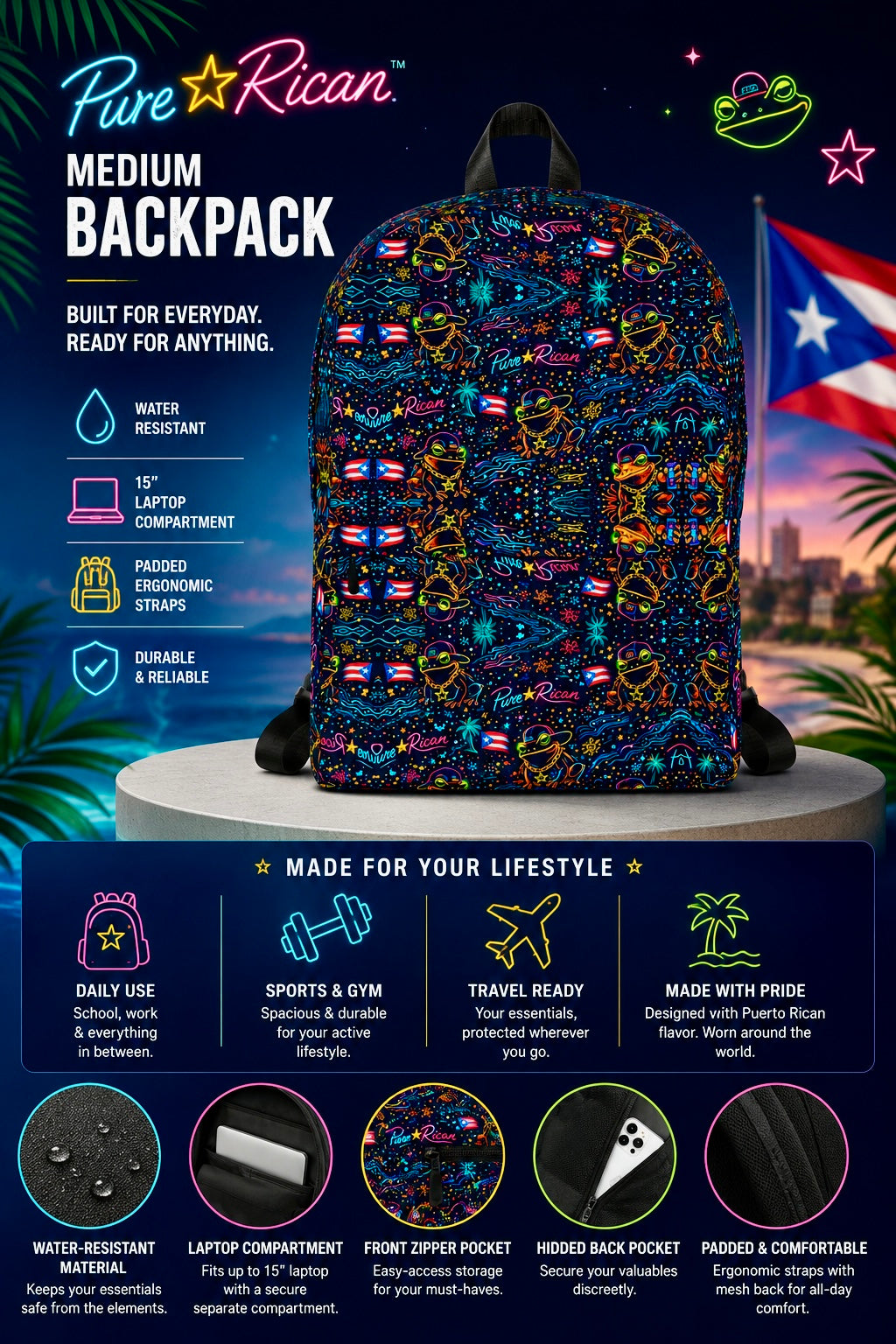 Backpack with colorful design and Puerto Rican flag, featuring product details and lifestyle uses.
