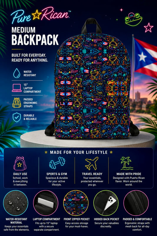 Backpack with colorful design and Puerto Rican flag, featuring product details and lifestyle uses.